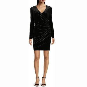 Alex Marie Nikki Velvet Black V-Neck Long Sleeve Ruched Wrap Dress Fitted NEW